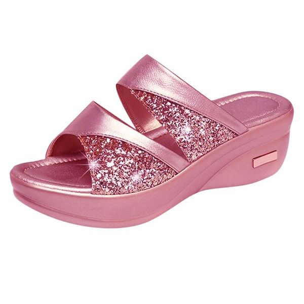 

slippers platform high heels sequined women's fashion summer solid peep toe casual wedge shoes ladies, Black