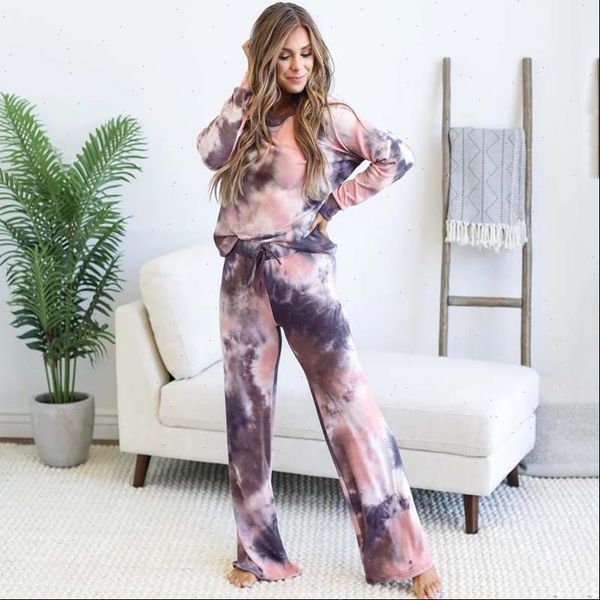 

autumn tie dye pajamas set womens sleepwears loose home suit nightwear winter pants lounge wear female, Black;red
