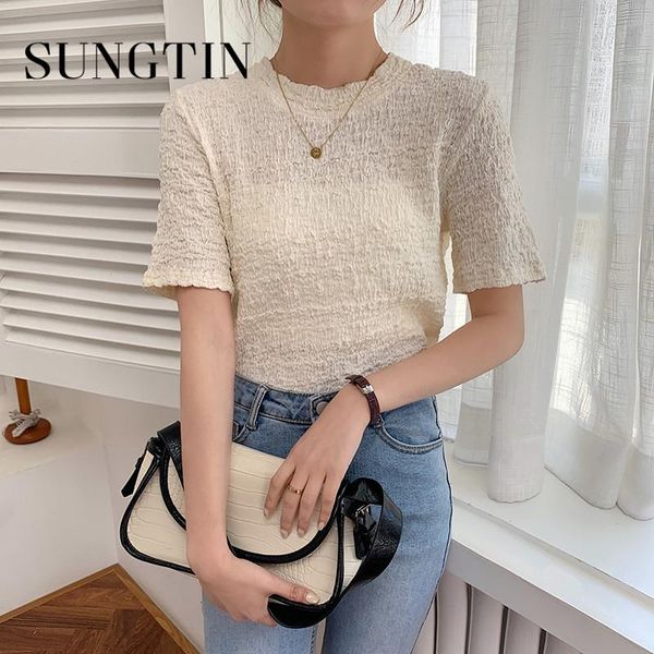 

women's t-shirt sungtin lace t shirt women short korean o neck sleeve ladies summer 2021 loose casual female tee, White