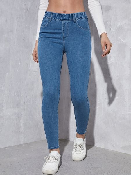 

elastic waist skinny jeans h91q#, Blue