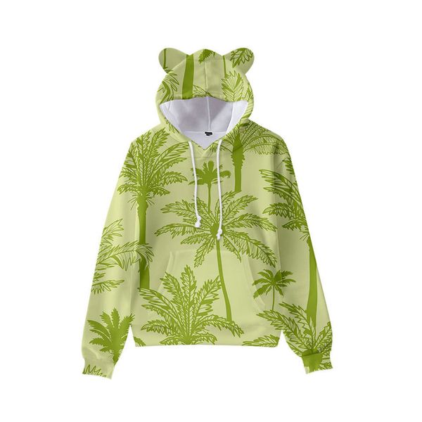

bamboo leaf print cute boy girl clothes hooded 3d printing hooded sweater autumn early winter ears hooded pullover, Black