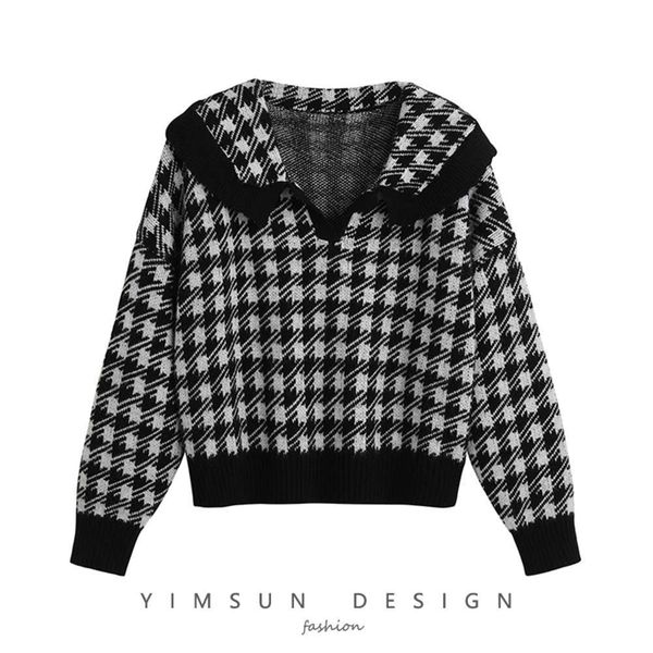 

women's sweaters sweater lapel thousand bird check pullover for women autumn age reducing v-neck color contrast t-shirt short fashion d, White;black