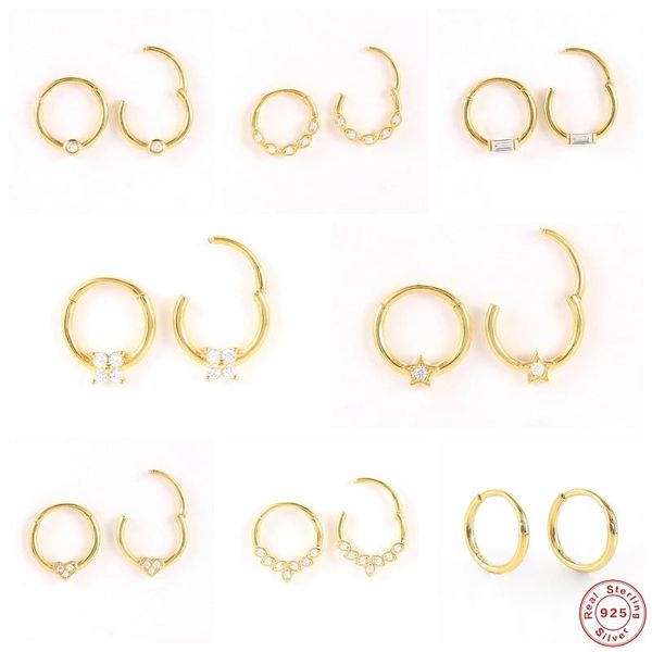 

hoop & huggie aide 925 sterling silver white zircon star flower cartilage earrings for women circle piercing pendientes ear bone buckle, Golden;silver