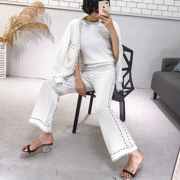 

women knit costumes 3 pieces sets knitted cardigans coats+t-shirt sweaters+wide leg pants suits for woman 210429, White