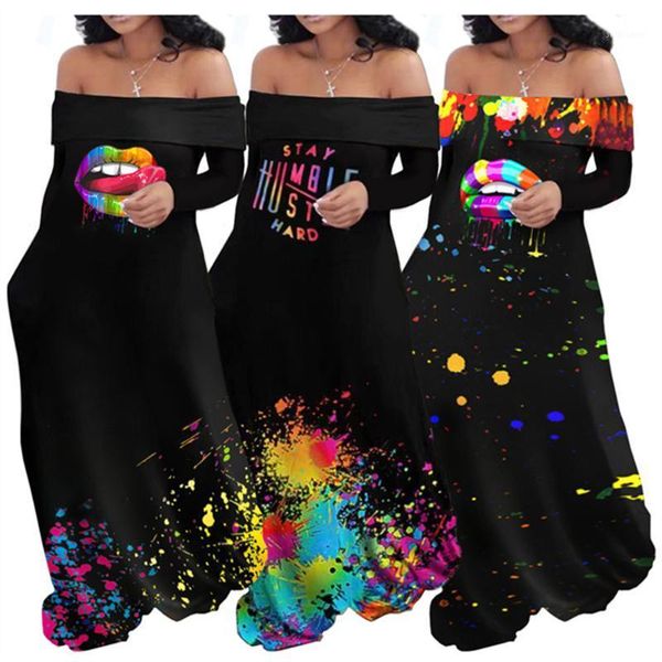 

casual dresses rstylish 2021 autumn women long sleeve rainbow lip print off the shoulder slash neck large size elegant maxi, Black;gray