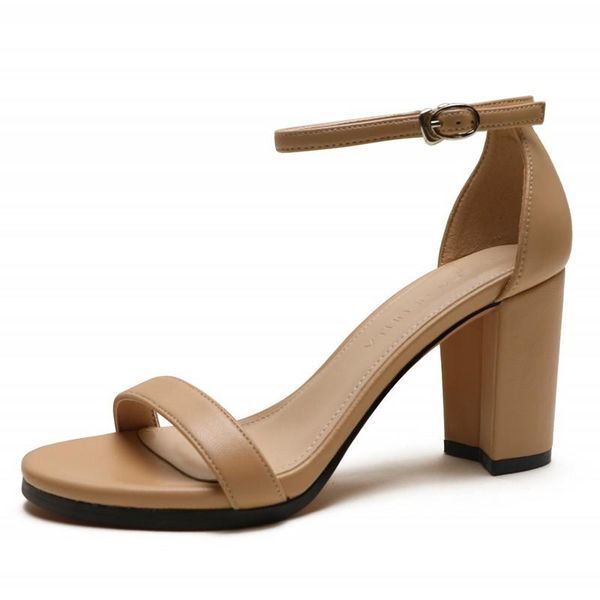 

summer female square high heels casual office sandals for women ankle strap genuine leather woman ladies comfortable shoes dress, Black