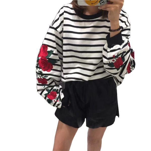 

new autumn harajuku hoodies roses embroidery lantern sleeve loose striped women sweatshirt girl vintage elegant casual 210419, Black