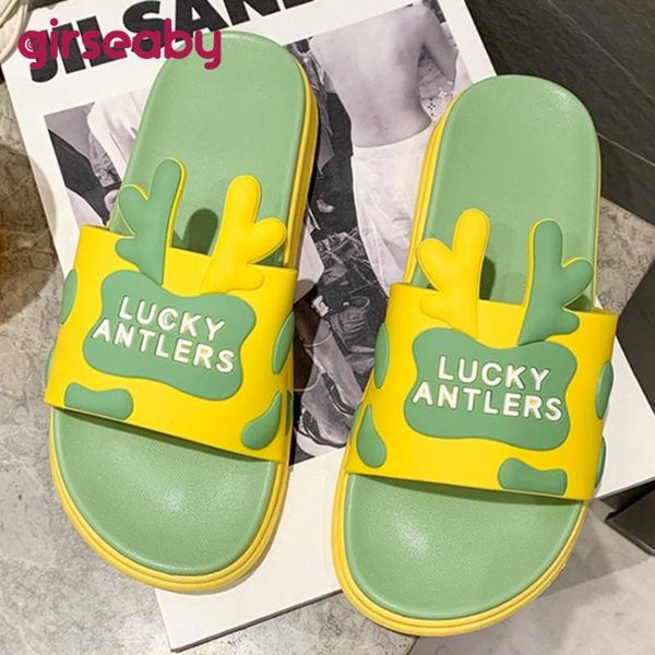 

slippers girseaby 2021 cute cartoons antlers beach slides women flip flops solid candy colors sandals female sliders, Black