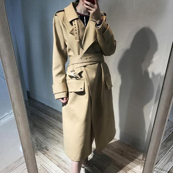 

women's trench coats 2021 london british brand women spring autumn long khaki coat double breast adjustable waist slim classic outwear, Tan;black