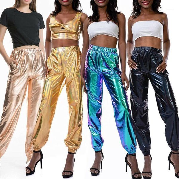 

fashion women's shiny long pants casual high waist trouser plus size s-2xl & capris, Black;white