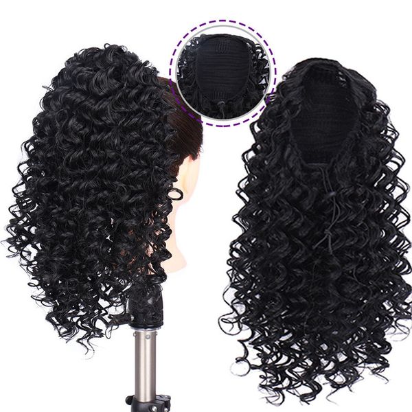 

14 inches afro kinky curly synthetic ponytail simulation human hair extensions bundles ponytails 3 colors cj580, Black