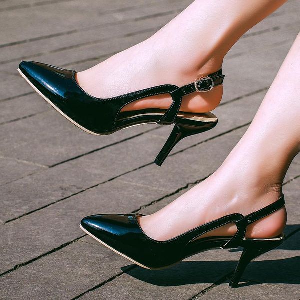 

dress shoes women high heels pointed toe pumps slingback ladies patent leather stiletto heel buckle strap party for office lady, Black