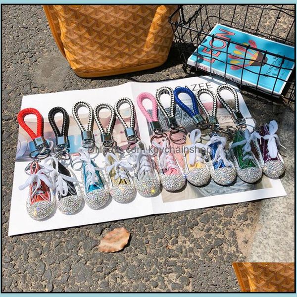 

keychains fashion aessories designer mini canvas shoes cute fl rhinestone crystal keychain leather chain ring holder pendant bag snea, Silver
