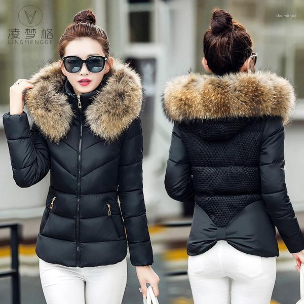 

autumn winter women vintage korean coat female down cotton jacket warm thick big fur collar hooded slim short parkas z67, Black