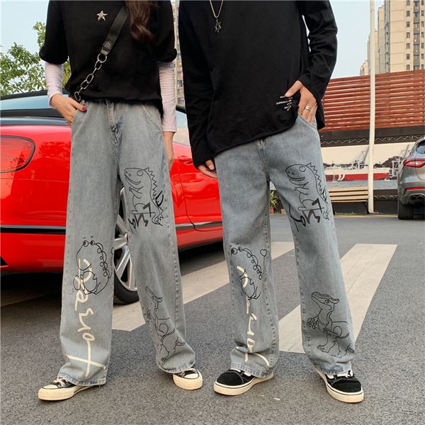 

women streetwear graffiti leg brim pants 2021 cartoon winter print long ladies harem pant female hip hop jeans, Blue