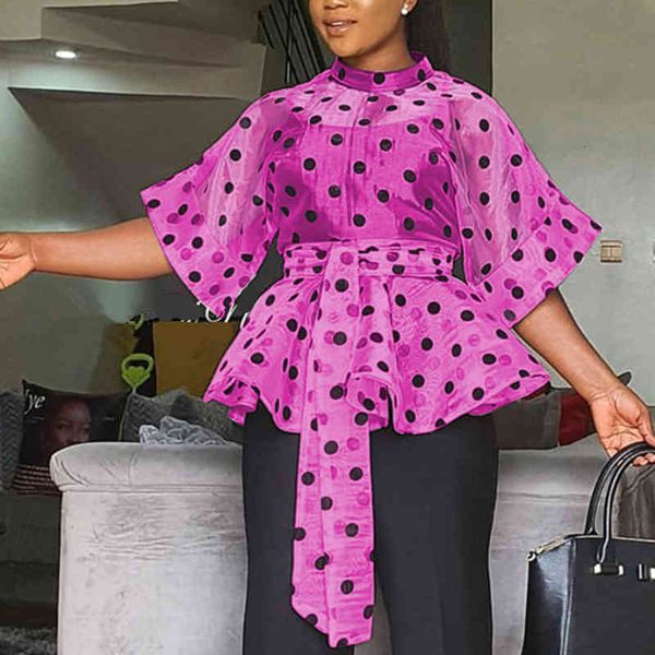 

women's polos women white blouses polka dot peplum see through thin transparent half flare sleeves waist belt shirt fashion bluas jjaa