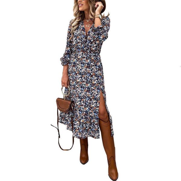 

print casual dresses v-neck button slit long dress, Black;gray