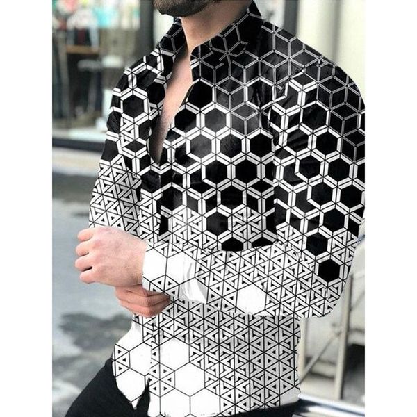 

hexagonal comfortable men's long sleeve shirt comfortable fit fashion retro style travel office entertainment, White;black