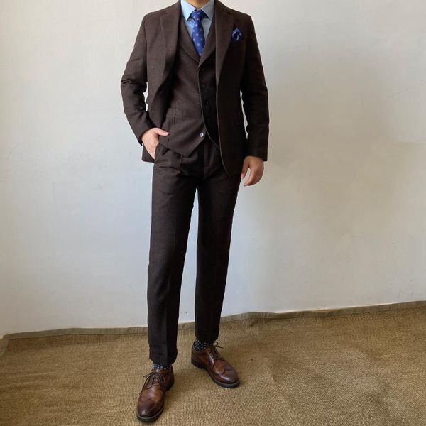 

men's suits & blazers ricodesign slim fit formal business suit set 3 pieces brown tweed jacket pants vest fashion winter tailored, White;black
