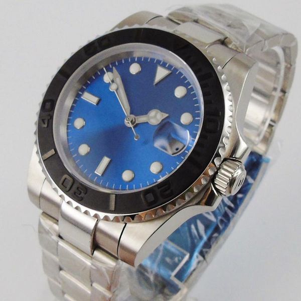 

wristwatches japan nh35 miyota 8215 automatic men watch brushed insert bezel oyster strap sterile blue sunburst dial sapphire crystal, Slivery;brown