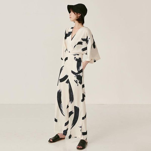 

women's jumpsuits & rompers 2021 loose fit women pattern printed long jumpsuit high waist pocket stitch pants fashion tide spring autum, Black;white