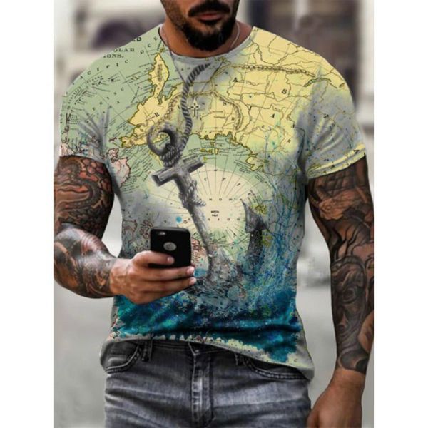 

men's t-shirts 2021 summer european and american trends round neck slim t-shirt personality map print short sleeve, White;black