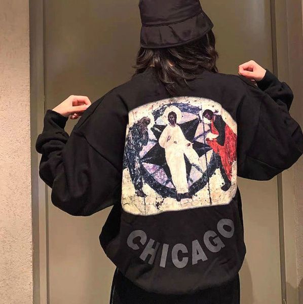 

kanye kanye chicago limited religious oil painting round neck plush sweater men's and women's casual fashion, Black