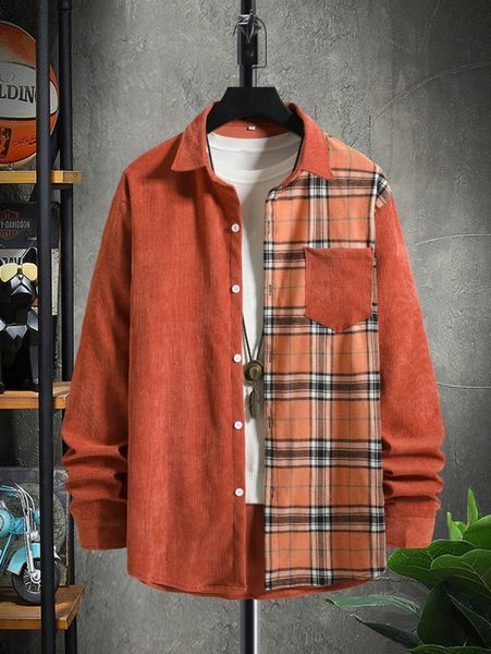 

men plaid patched pocket corduroy shirt without tee q2ge#, White;black