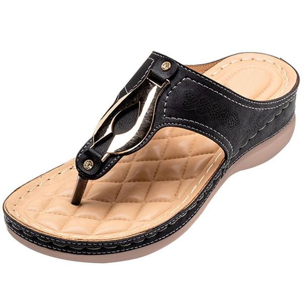 

summer flip flops women slippers soft lozenge insole wedges platform shoes with metal decoration sandals for 2021, Black