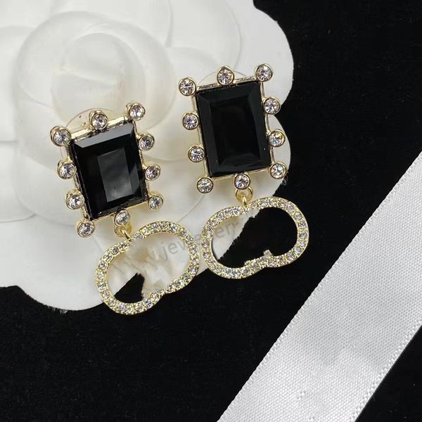 

brand designer black gemstone square earrings double letter c designer earrings huggies women's party wedding couple gift jewelry 925 s, Golden;silver