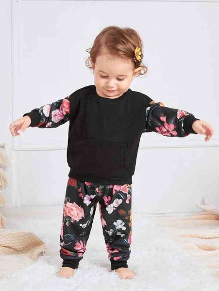 

baby floral print kangaroo pocket drop shoulder sweatshirt & sweatpants she, White