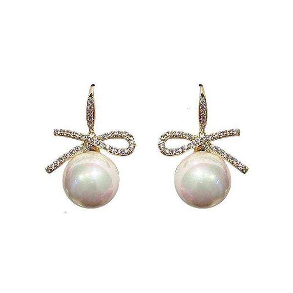 

korea dongdamen bow pearl earrings temperament fashion ear hook 925 sier needle net red diamond earrings, Golden