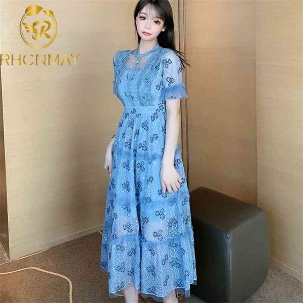 

fashion elegant lace women dress style summer midi dresses embroidery chic sweet short sleeved vestido 210520, Black;gray