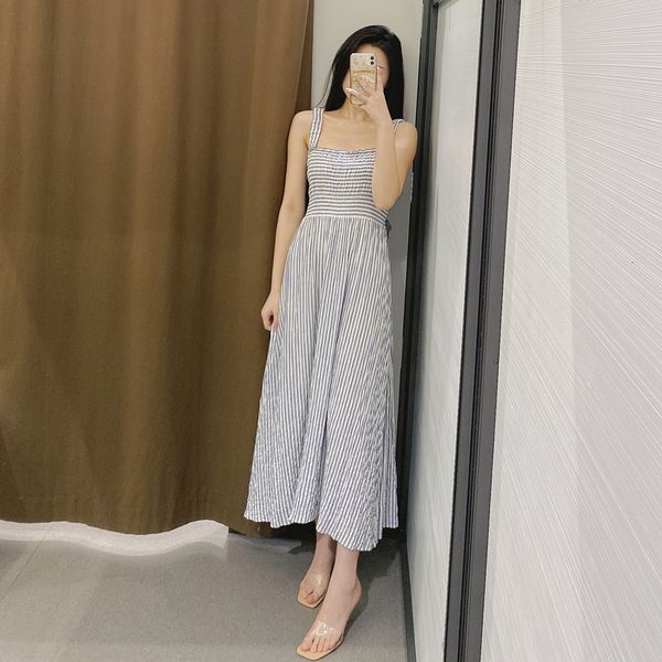 

casual dresses female summer smocking ladies wear sleeveless corrugated print straps, Black;gray