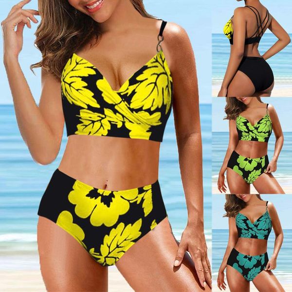 

women's swimwear 2021 summer bikini set women high waist floral printing split swimsuit push up bandeau thong brazilian biquini, White;black