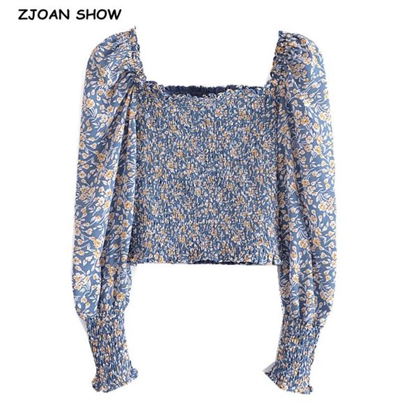 

women's blouses & shirts 2021 vintage blue floral print crop shirt women square neck elastic ruched body slim fit blouse fren, White