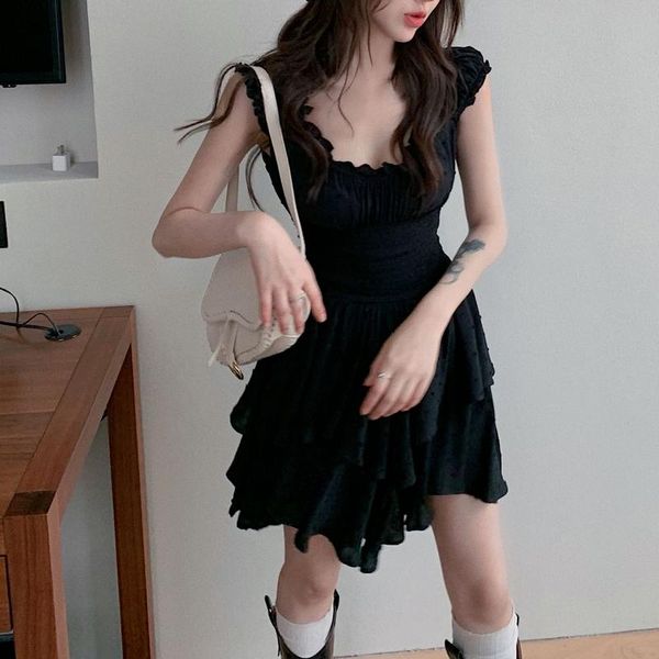 

party dresses solid high waist dress woman simple sleeveless square neck sling women summer casual off-shoulder black women's, White;black