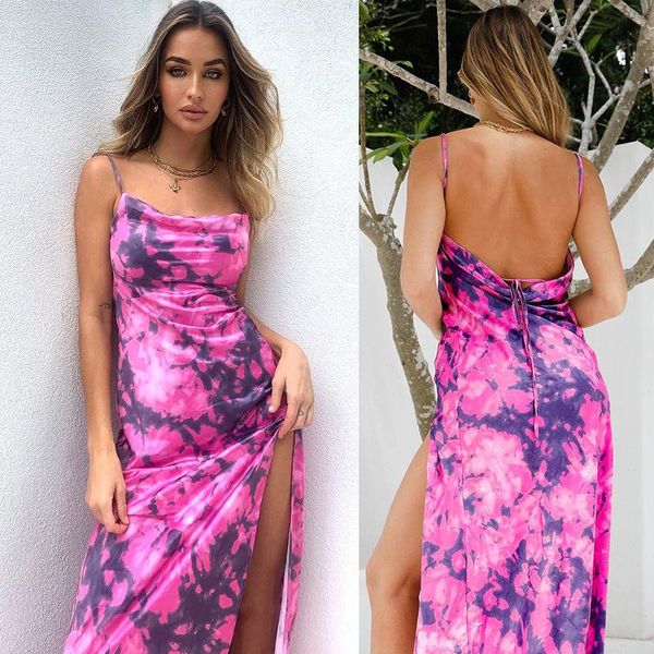 

casual dresses rose red tie-dye print dress 2021 summer backless suspender long skirt nightclub, Black;gray