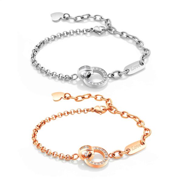 

hand catenary opk selling titanium steel plated rose gold double ring clasp inlaid with diamond bracelet, Golden;silver