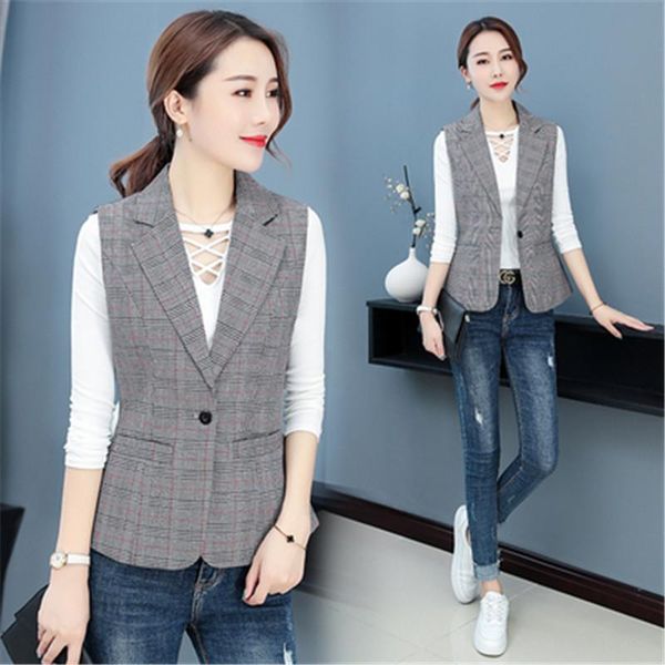 

women's vests 2021 spring and autumn female vest short section plaid wild fashion slim suit collar sleeveless professional coats t47, Black;white