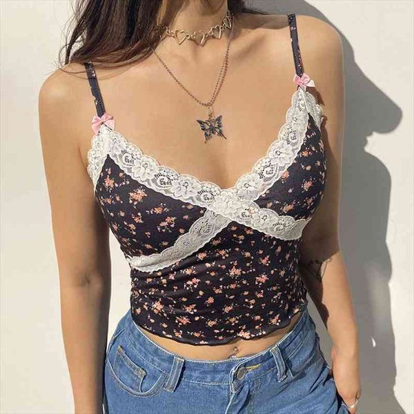 

black ditsy floral lace patchwork women tank y2k crop kawaii womens vintage 2000s camisole aesthetic clothes, White