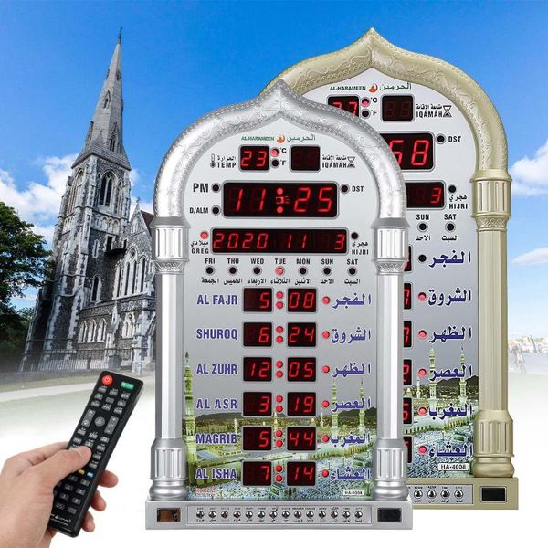 Schreibtisch-Tischuhren, Azan-Moschee, Gebetsuhr, islamischer Kalender, muslimischer Wandalarm, Ramadan-Heimdekoration, + Fernbedienung (keine Batterie)