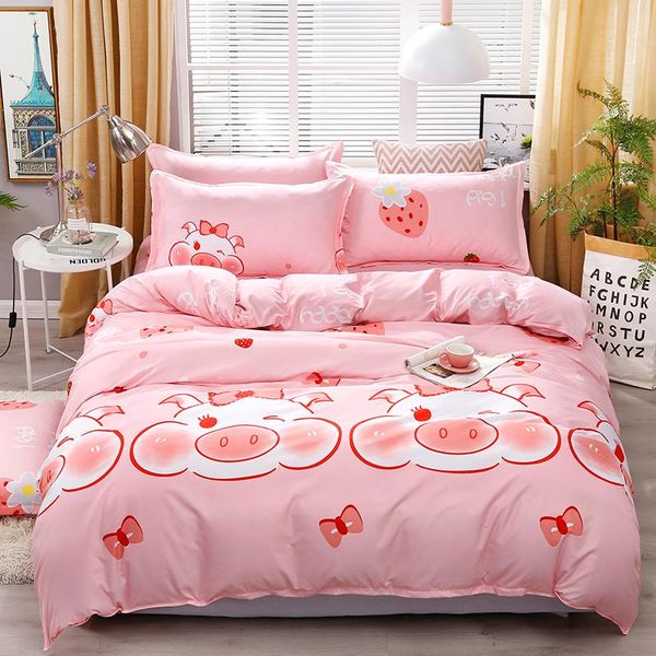 

bedding sets cartoon bed sheet pig set twin full  king size high-quality flat pillowcase pink duvet cover bedclothes