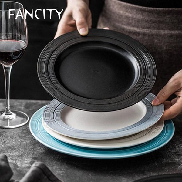 

dishes & plates fancity nordic simple brushed pattern flat plate madessert black steak pasta western restaurant setting