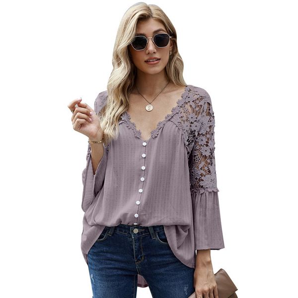 

women's plus size t shirt loose large lace blouse long sleeve solid color deep v pullover chiffon