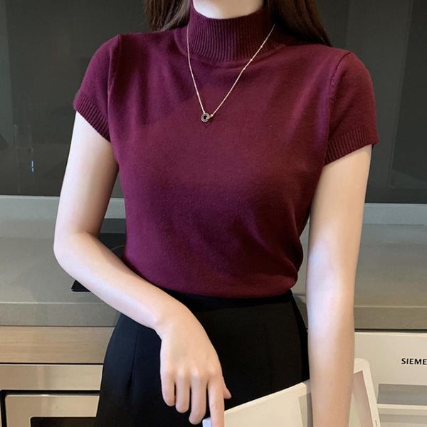 

women's blouses & shirts knitted t-shirt female short-sleeved spring summer knit half turtleneck women casual waistcoat elastic, White