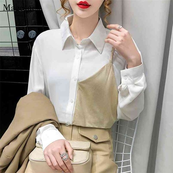 

spring autumn white chiffon blouse women stitching long sleeve ladies turn-down collar button loose shirts 12059 210512