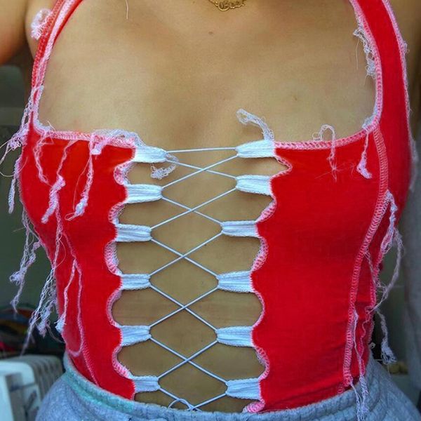 

shestyle lace up u neck tank women red patchwork fashion 2021 low cut criss-cross crop backless sleeveless vesting, Black;white