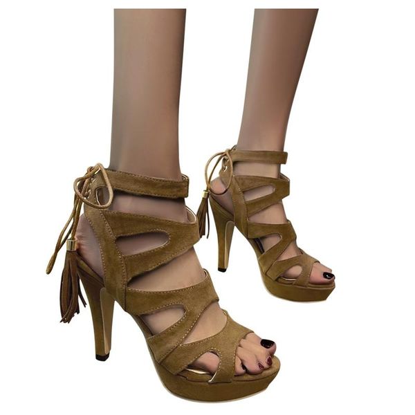 

sandals thin high heels women 2021 tassel lace-up shoes summer gladiator ladies peep toe hollow sandalias mujer, Black