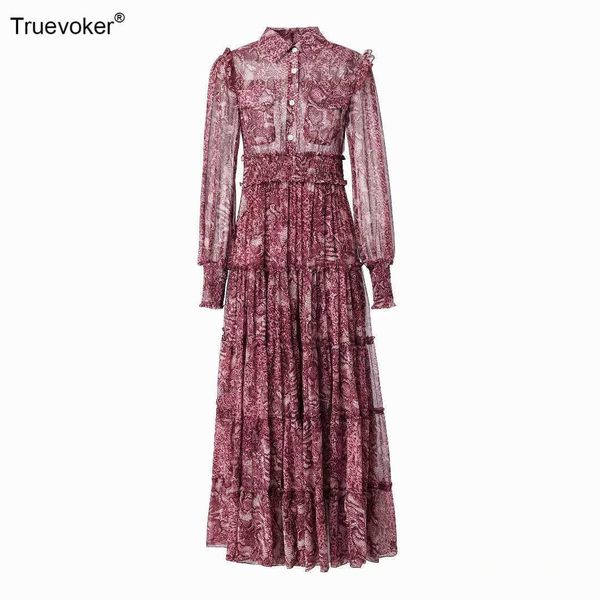

truevoker spring runway fashion maxi long vocation dress lady shirt collar vintage print elastic waist casual prom robe 210602, Black;gray